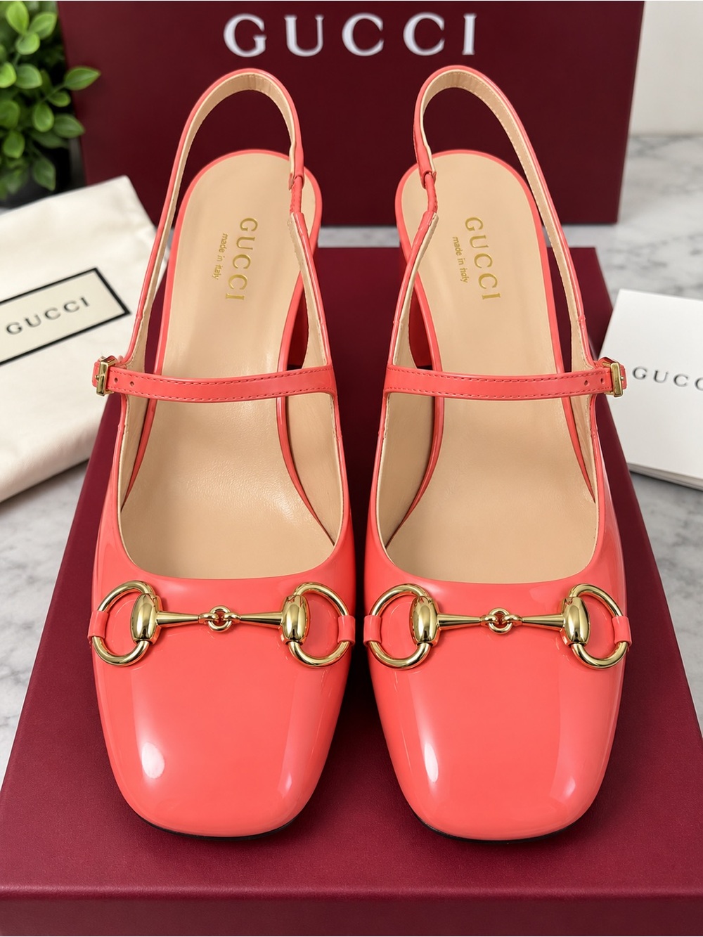 NWT Gucci Coral Patent Leather Horsebit Slingback Pumps US 7